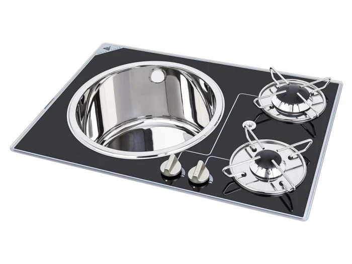 Navy Load Combiné Plaque De Cuisson En Verre 2 Feux Avec évier 60 X 42